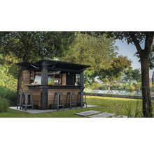 Zahrada s venkovním barem a barovými stoličkami pod stromy