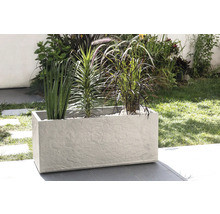 Obdélníkový květináč s různými rostlinami venku.