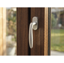 Detail hnědého okna se stříbrnou klikou