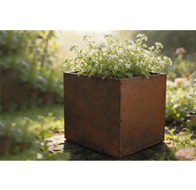 Kvadratický kovový květináč s květinami