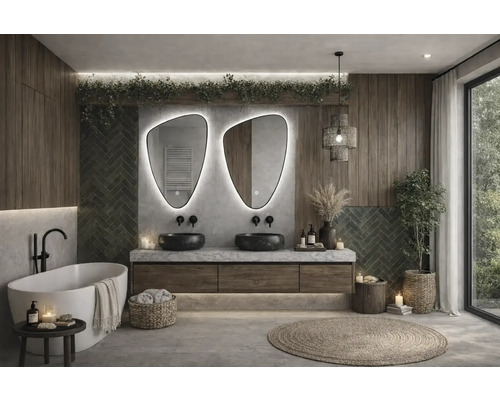 Koupelna s dvojitým umyvadlem, zrcadly, vanou a dekoracemi pro relaxační atmosféru