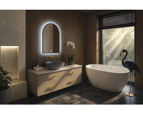 Světlá koupelna s umyvadlem, zrcadlem s osvětlením a volně stojící vanou