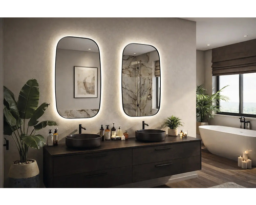 Koupelna s umyvadlovou skříňkou, dvěma umyvadly a dvěma osvětlenými zrcadly