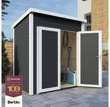 Zahradní bouda s dvoukřídlými dveřmi a zahradním nářadím