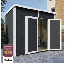 Zahradní kůlna s dvoukřídlými dveřmi, dřevěnou konstrukcí a logem Rowlinson Group