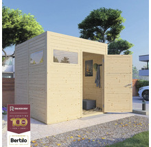 Dřevěný zahradní domek s oknem a otevřenými dvoukřídlými dveřmi