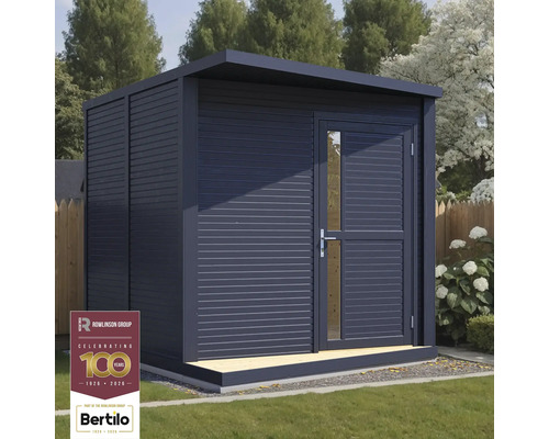 Moderní zahradní domek s plochou střechou a dveřmi se skleněnou výplní.