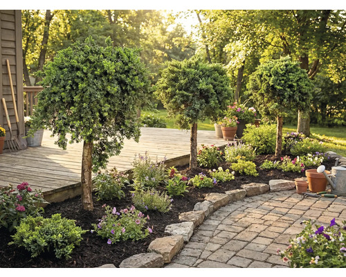 Upravená zahrada s okrasnými stromy, květinami a kameny