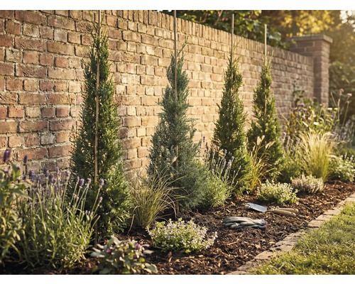 Upravená zahradní plocha s cypřiši, levandulí a mulčem