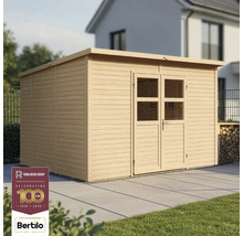 Dřevěný zahradní domek s dvoukřídlými dveřmi a plochou střechou