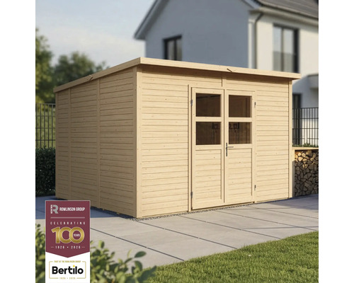 Dřevěný zahradní domek s dvoukřídlými dveřmi a plochou střechou