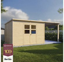 Dřevěný zahradní domek s dvoukřídlými dveřmi a přístřeškem