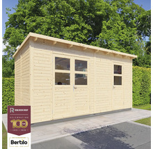 Dřevěný zahradní domek s okny a dveřmi před stromy a logem Rowlinson Group