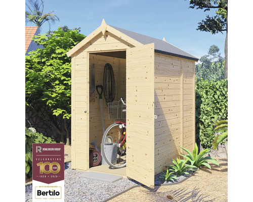 Dřevěný zahradní domek Alopex Medium 120 x 180 cm přírodní Dřevěná zahradní skříň s otevřenými dveřmi a zahradním nářadím uvnitř