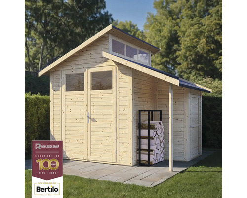 Dřevěná zahradní kůlna s dvoukřídlými dveřmi, okny a regálem na dřevo