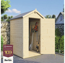 Dřevěná zahradní bouda s otevřenými dveřmi a zahradním nářadím uvnitř