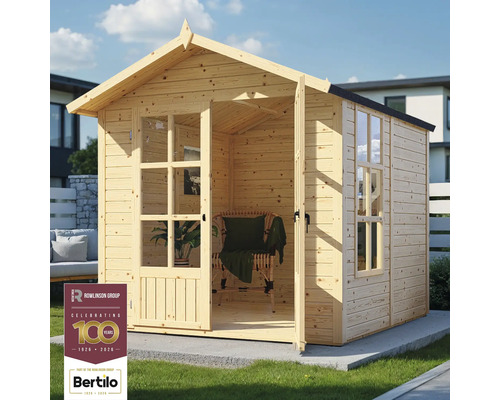 Dřevěný zahradní domek s otevřenými dveřmi a okny