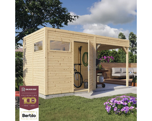 Zahradní kůlna s přístřeškem pro uskladnění zahradního nářadí a kol