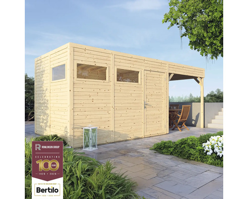 Dřevěný zahradní domek Bertilo Cubo 3 přírodní 558 x 234 cm Dřevěný zahradní domek s okny a krytou terasou se zahradním nábytkem