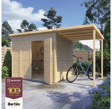 Dřevěný zahradní domek s otevřenými dveřmi a zastřešeným parkovacím stáním pro kolo