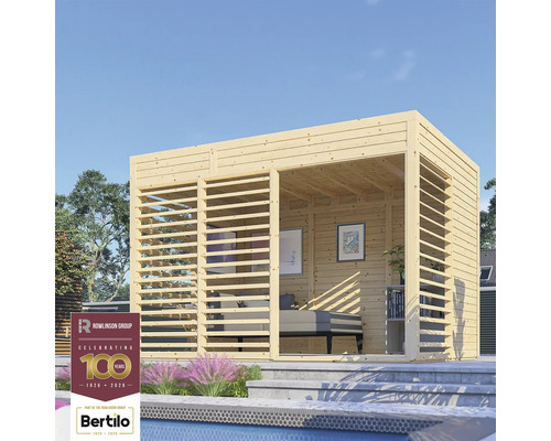 Zahradní altán Bertilo Unico 2 přírodní 337 x 234 cm Dřevěný zahradní domek s lamelovými stěnami a interiérem