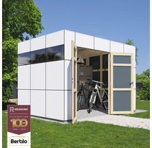 Moderní zahradní domek s koly a policemi