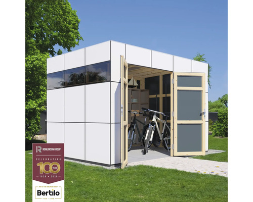 Dřevěný zahradní domek Bertilo Design HPL 2 antracit/bílý 345 x 228 cm Moderní zahradní domek s koly a policemi