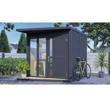 Moderní zahradní domek s oknem, dveřmi a kolem na boku