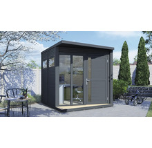 Moderní zahradní domek s kancelářským nábytkem a skleněnými dveřmi