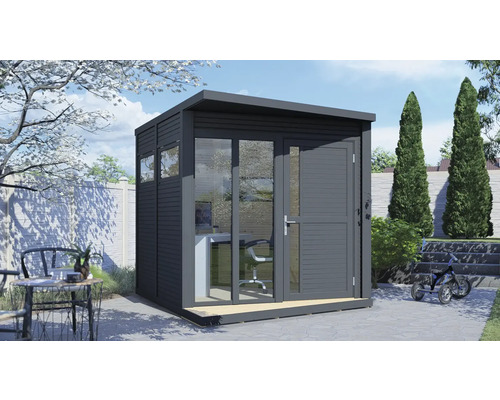 Moderní zahradní domek s kancelářským nábytkem a skleněnými dveřmi