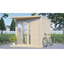 Dřevěný zahradní domek s kolem na zahradě