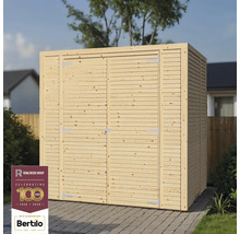 Dřevěný zahradní domek s dvoukřídlými dveřmi ve venkovním prostředí