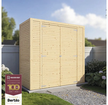 Dřevěná zahradní skříň s dvoukřídlými dveřmi na zahradě