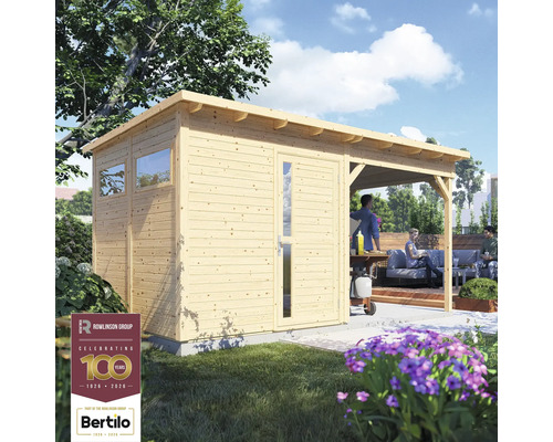 Dřevěný zahradní domek s verandou a logem Rowlinson Group