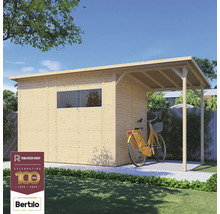 Dřevěný zahradní domek se stříškou a jízdním kolem