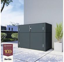 Tmavě šedá úložná skříňka se dvěma dvířky pro venkovní použití na terase, s logem Rowlinson Group