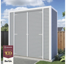 Zahradní skříň s dvoukřídlými dveřmi a vodorovnou dřevěnou strukturou