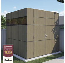 Zahradní bouda s okny a dveřmi z dřevěných panelů