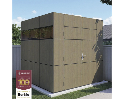 Zahradní domek Bertilo Trespa HPL designový 1 dřevodekor Zahradní bouda s okny a dveřmi z dřevěných panelů