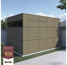 Zahradní domek s oknem a dvoukřídlými dveřmi na zahradě