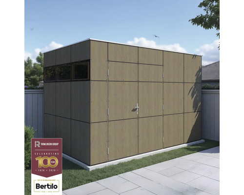 Zahradní domek Bertilo Trespa HPL designový 2 dřevodekor Zahradní domek s oknem a dvoukřídlými dveřmi na zahradě