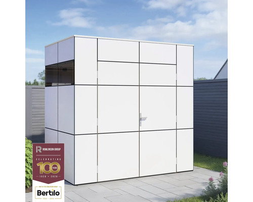 Zahradní domek Bertilo Trespa HPL designový MINI bílý Bílá zahradní kůlna s dveřmi na zahradě