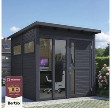 Moderní zahradní domek se skleněnou přední stranou a kancelářským vybavením.