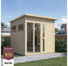 Dřevěná zahradní kancelář s okny a dveřmi na terase