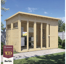 Dřevěný zahradní domek s okny a skleněnými dveřmi a logem Rowlinson Group