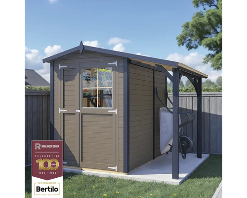 Dřevěný zahradní domek s přístřeškem a kolečkem