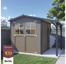 Zahradní domek s dvoukřídlými dveřmi, okny a přístřeškem