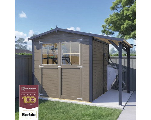 Zahradní domek s dvoukřídlými dveřmi, okny a přístřeškem