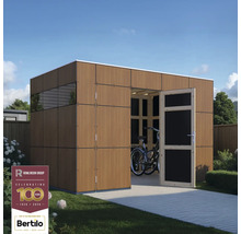 Moderní dřevěný zahradní domek s otevřenými dveřmi a jízdním kolem uvnitř