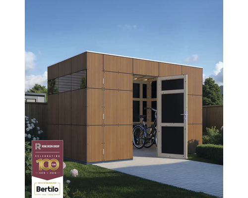 Moderní dřevěný zahradní domek s otevřenými dveřmi a jízdním kolem uvnitř